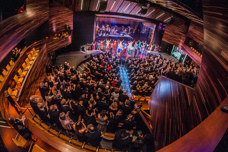 Aerial image of Pittsburgh Playhouse with audience